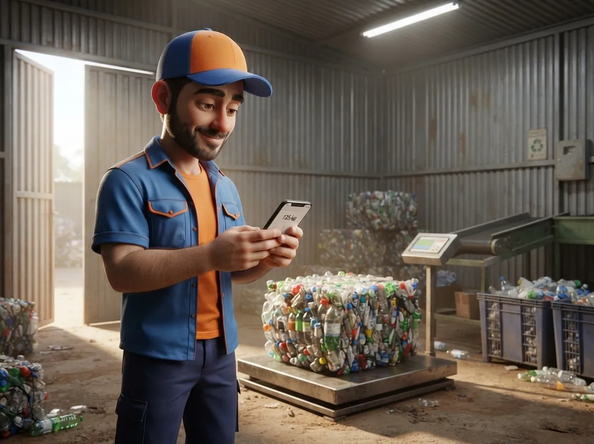 Mascote pesando um fardo de garrafas e anotando no celular