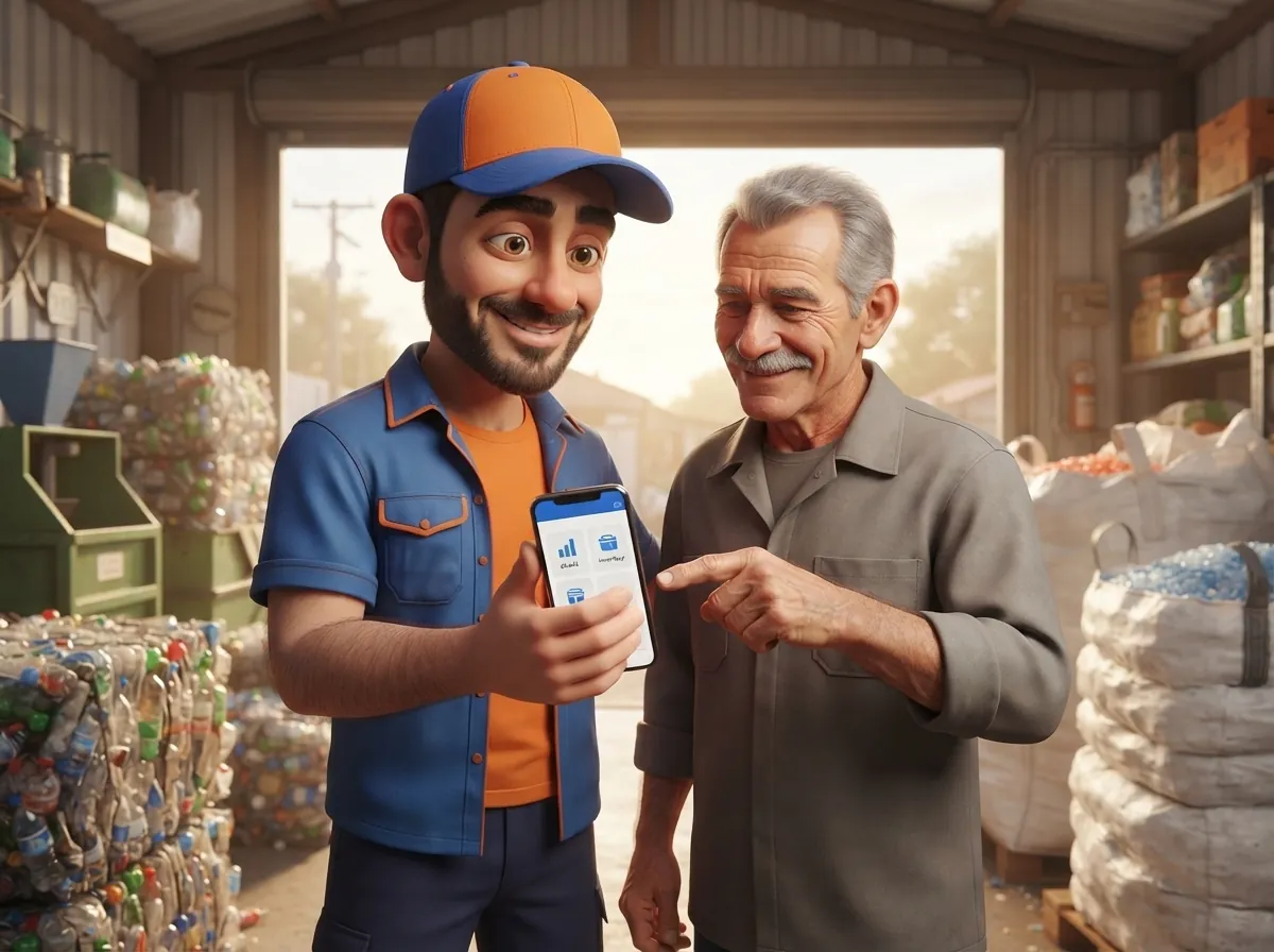 Mascote e um senhor dono de recicladora olhando o celular juntos no galpão